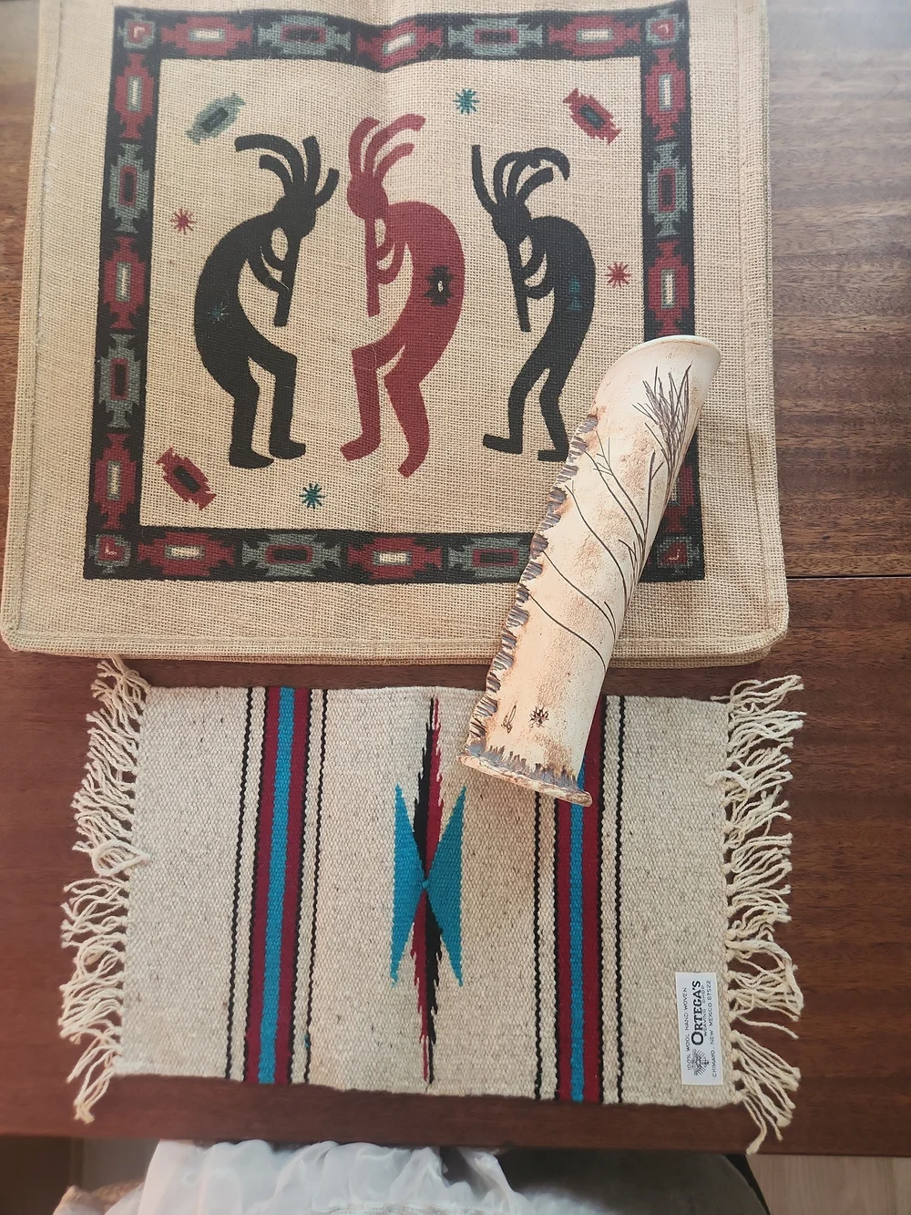Southwestern Lot Decorative Wool Mat,HandCrafted Vase, &Kokopellia Bulap Bag